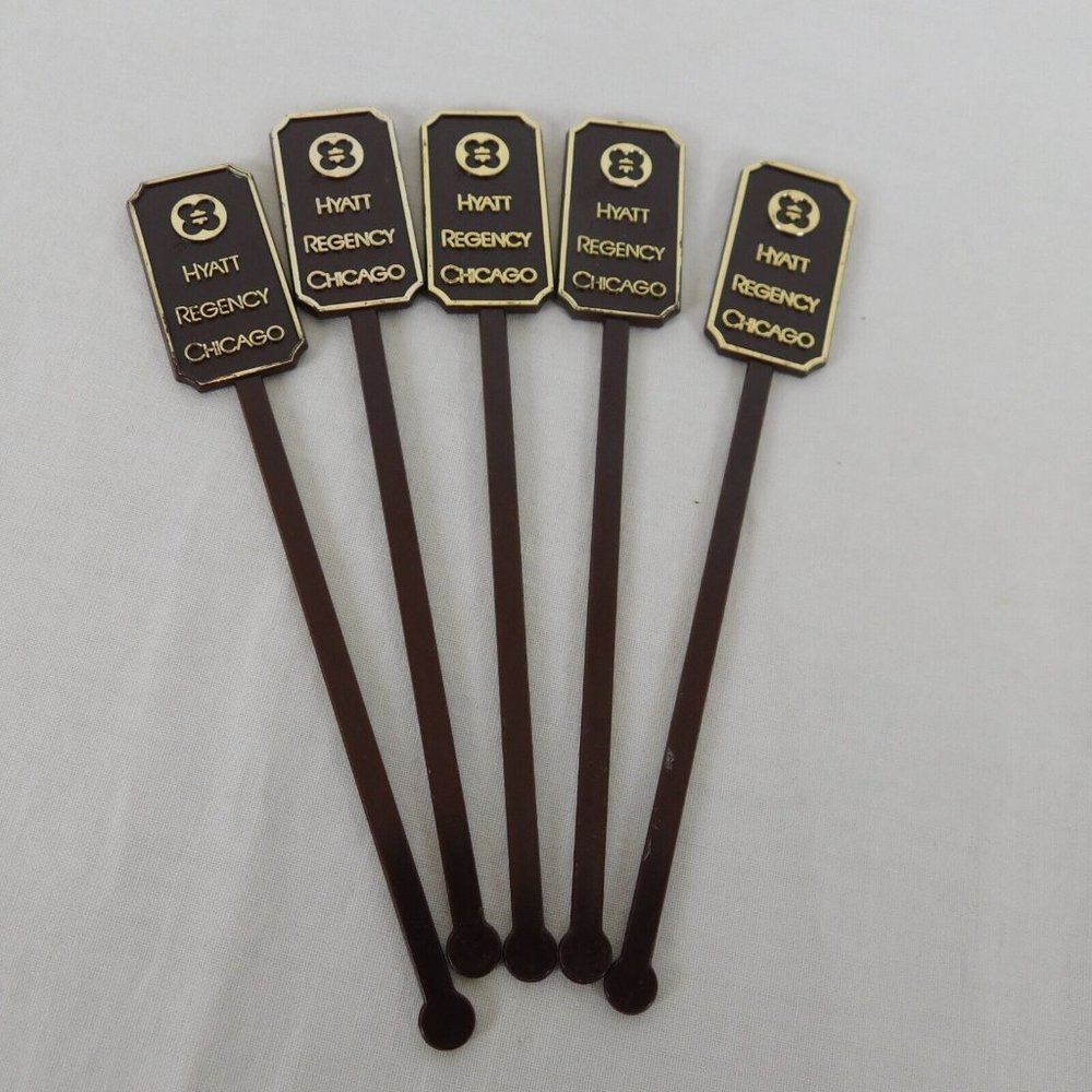 5 Hyatt Regency Chicago Swizzle Stick Drink Stirrer Spir-It USA Brown Plastic